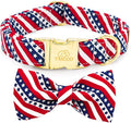 Tunkoo American Flag Dog Collar with Cute Bow Tie 4th of July Cotton Collar Adjustable Durable for Outside Small Medium Large Boys Girls Dogs, S