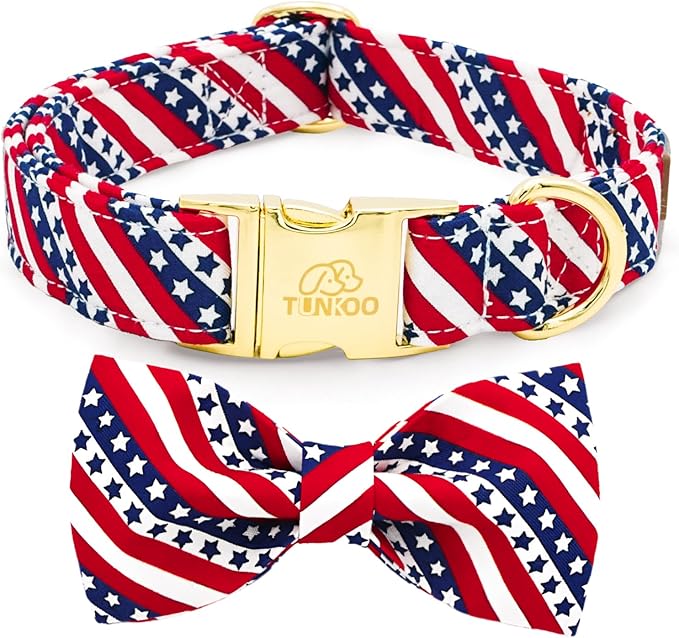 Tunkoo American Flag Dog Collar with Cute Bow Tie 4th of July Cotton Collar Adjustable Durable for Outside Small Medium Large Boys Girls Dogs, M