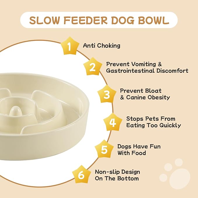 Ceramic 0.9 Cup Raised Slow Feeder Dog Bowl Set, Elevated 6.1inch Water Bowl and 6.1inch Slow Dish with Wooden Stand for Small Dogs (2 x Beige+ Stand)