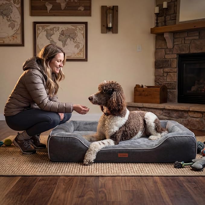 42 Inch XL Orthopedic Dog Couch Bed for Large Dogs Up to 80 lbs,Cooling Gel Memory Foam + Egg Crate Foam,Waterproof Removable Washable Cover,4-Sided Bolster,Non-Slip Bottom,Dark Grey