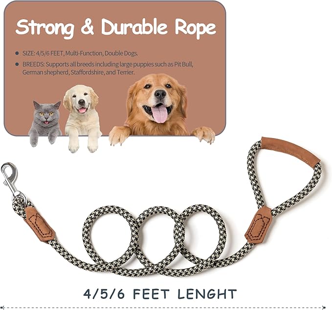 Mile High Life | Premium Leather Handle Dog Leash | Strong Rope Leash | Zinc Alloy Strong Clasp | Small Medium Large Dogs | 4/5/6 Feet(Black Khaki, 48 Inch (Pack of 1))