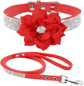 Cute Dazzling Sparkling Elegant Fancy Soft Suede Leather Bling Rhinestone Crystal Jeweled Pet Cat Dog Puppy Collar Dog Leash Combo Set (XXS(Neck 6-8"), Red-6)