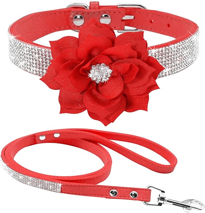 Cute Dazzling Sparkling Elegant Fancy Soft Suede Leather Bling Rhinestone Crystal Jeweled Pet Cat Dog Puppy Collar Dog Leash Combo Set (XXS(Neck 6-8"), Red-6)