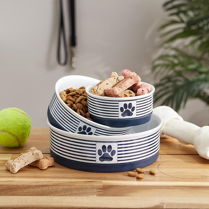 Bone Dry Paw & Patch Ceramic Pet Collection, Medium Bowl, 6x2", Nautical Blue