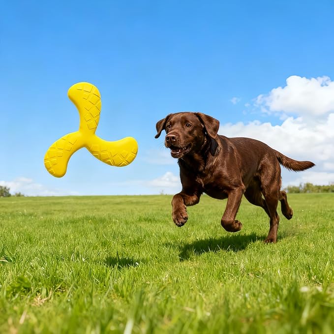 Ultra Durable Tri-Prong Dog Chew Toy for Teeth Cleaning - Non-Toxic Rubber Interactive Tug of War & Fetch Toy for Medium & Large Dogs(Yellow)