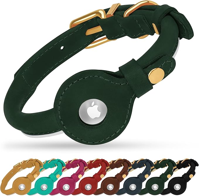 OOPSDOGGY Rolled Leather Dog Collar with Airtag Holder - Reflective Round Airtag Dog Collar - Soft Tracking Pet Collar for Small Dogs Puppy Cats Kitten (Green, XXS, 7"-9")
