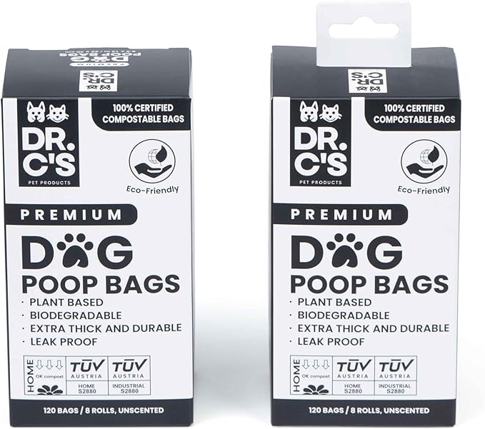 100% Certified Compostable Dog Poop Bags - Dr. C's Premium Dog Poop Bags - 120 Bags / 8 Rolls, Extra thick, Leak Proof, Unscented, Plant Based, Earth Friendly and USA Owned