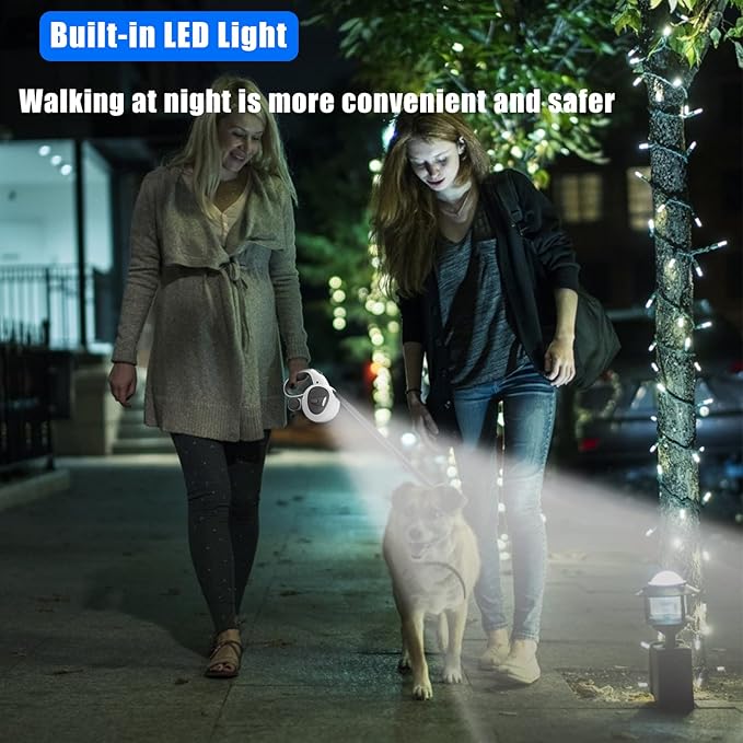 HCY&WLD Upgrade 4-in-1 Retractable Dog Leash with LED Light & Dispenser & Poop Bags, 16 ft Heavy Duty Dog Leash with Anti-Slip Handle for Dogs up to 110 lbs, 360° Tangle-Free, One Button Brake & Lock
