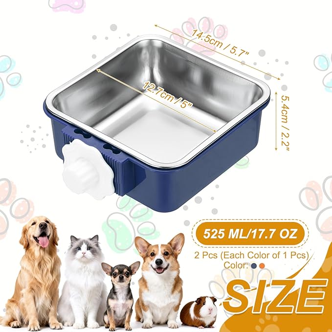 Crate Dog Bowl, Removable Stainless Steel Pet Cage Hanging Anti-Overturn Food Water Feeder Cage Cup (2Pcs, Square, Dark Blue/Orange, 17.7oz), Intended for Puppies/Cat/Rabbit/Bird