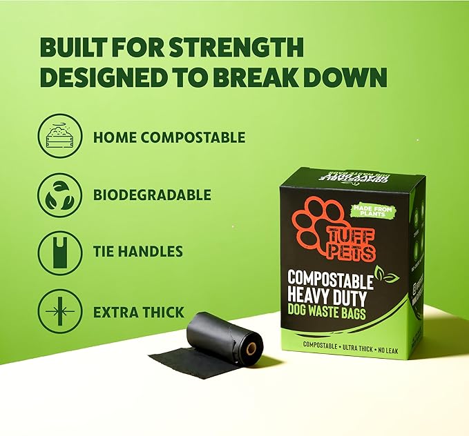 Tuff Pets Certified Compostable Heavy Duty Dog Poop Bag With Handles - 12 Rolls of Pet Waste Bags - Fits in any Dogs Poo Bag Dispenser or Holder - Thick Dog Poop Bags