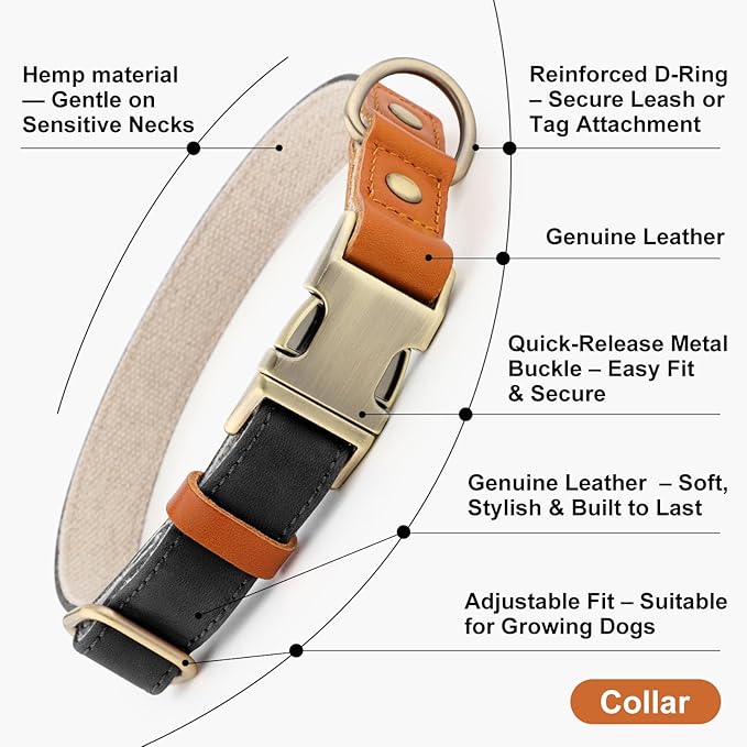 Plutus Pet Genuine Leather & Hemp Dog Collar – Adjustable Heavy Duty Pet Collar with Quick Release Metal Buckle, Soft & Stylish for Puppy and Small, Medium, Large Dogs (Black, M)