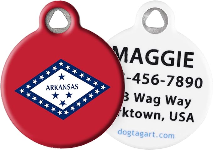 Dog Tag Art Arkansas State Flag Personalized Pet ID Tag for Dogs and Cats, Silent Polymer Coated Stainless Steel Arkansa Flag Nametag with Customized Identification Information - Large 1.25" Diameter