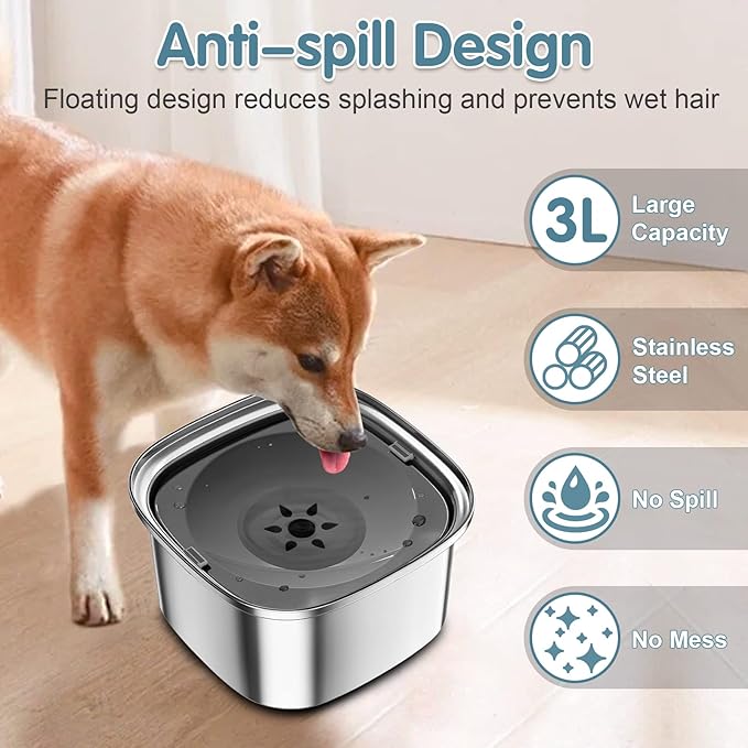 UPSKY 3L Dog Water Bowl 101oz Stainless Steel No Spill Large Capacity Dog Food Water Bowl Slow Water Feeder, Spill Proof Pet Water Dispenser Vehicle Carried Travel Water Bowls