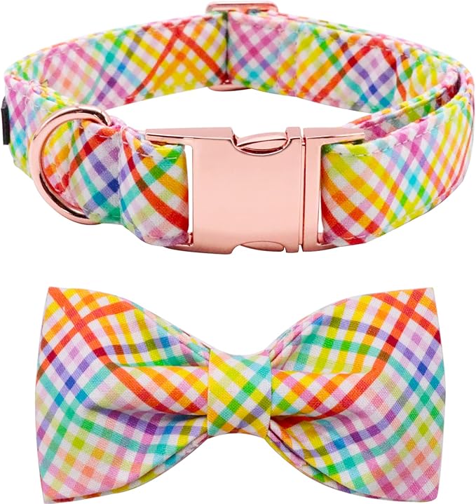 Lionet Paws Easter Dog Collar with Bowtie - Colorful Cute Cotton Bowtie Dog Cat Collar with Metal Buckle for Puppy Girl Boy, XXS, Neck 7-11in
