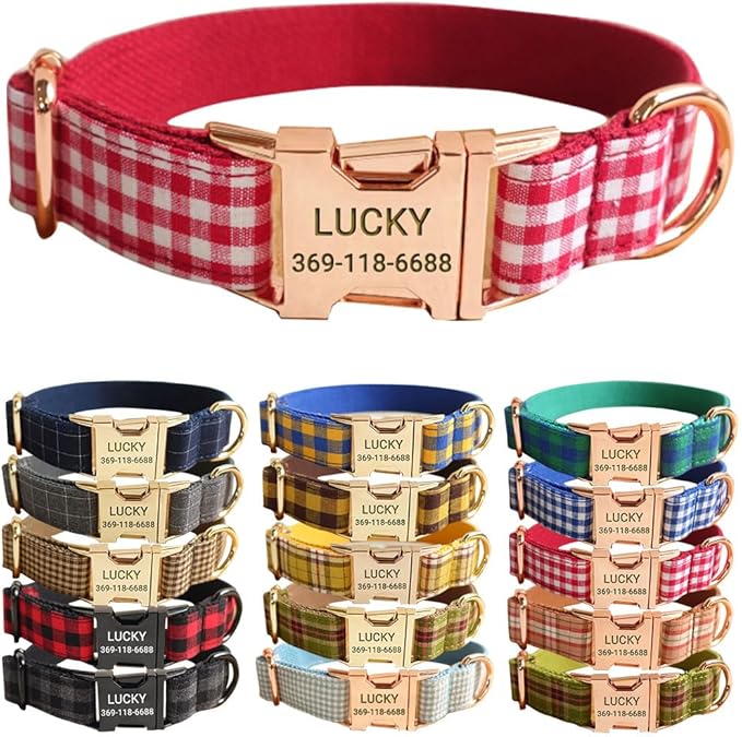 PETDURO Personalized Gingham Plaid Dog Collar Red - Engraved Name and Phone Number on Rose Gold Metal Buckle - Custom for Small Medium Large Boy Girl Dogs - Add Leash Bow Tie via Customize Now
