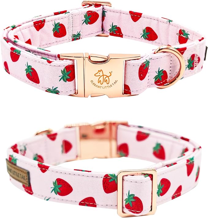 Elegant little tail Dog Collar with Flower, Strawberry Print Pet Collar Flower Pet Collars Summer Cute Adjustable Dog Collars for X-Small Dogs