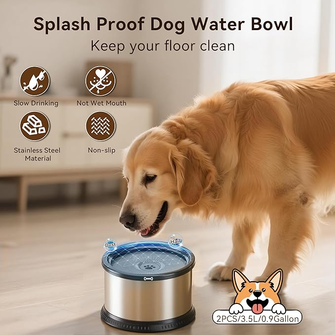 2PCS 3.5L No Spill Dog Water Bowl 118oz Stainless Steel Slow Water Bowl for Small Medium Large Dogs Splash Proof Pet Bowl with Anti-Slip Mat for Sloppy Messy Drinkers