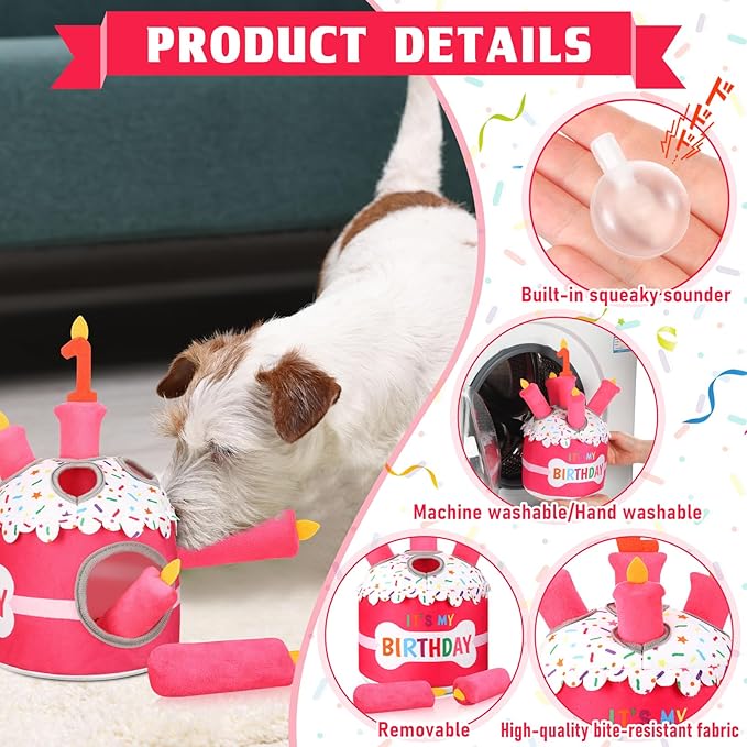 Dog 1st Birthday Cake Toy Squeaky Interactive Dog Toy Hide and Seek Plush Dogs Puzzle Puppy Toys for Boredom Keep Them Busy for Small Medium Dogs(Pink)