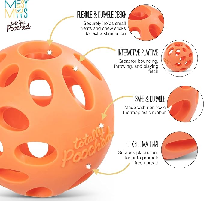 Messy Mutts Totally Pooched Huff'n Puff Ball | 3.1” TPR Puzzle Ball for Dogs | 2-in-1 Interactive Toy and Tooth Cleaner | Orange
