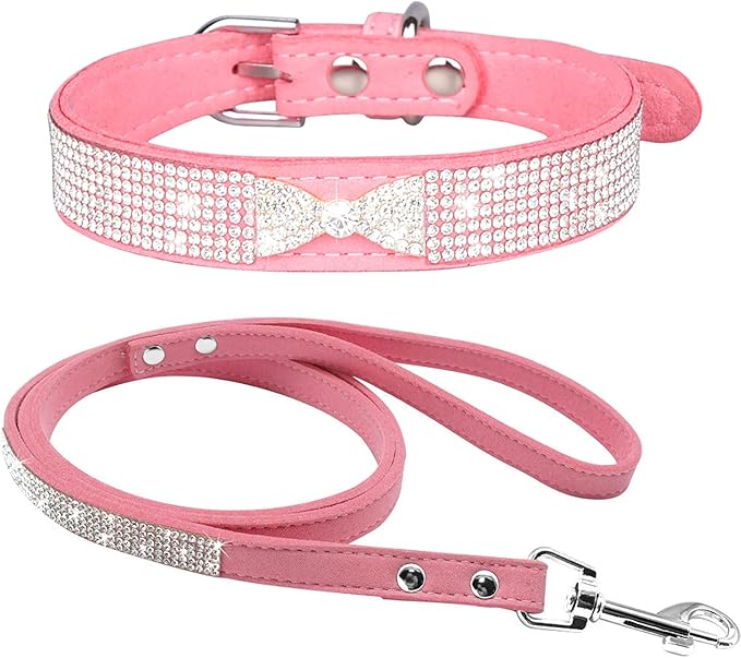 Cute Dazzling Sparkling Elegant Fancy Soft Suede Leather Bling Rhinestone Crystal Jeweled Pet Cat Dog Puppy Collar Dog Leash Combo Set (L(Neck 15-18"), Pink-3)