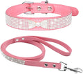 Cute Dazzling Sparkling Elegant Fancy Soft Suede Leather Bling Rhinestone Crystal Jeweled Pet Cat Dog Puppy Collar Dog Leash Combo Set (M(Neck 12.5-15"), Pink-3)