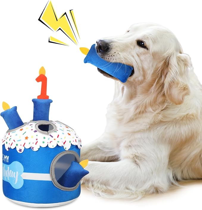 Dog 1st Birthday Cake Toy Squeaky Interactive Dog Toy Hide and Seek Plush Dogs Puzzle Puppy Toys for Boredom Keep Them Busy for Small Medium Dogs(Blue)