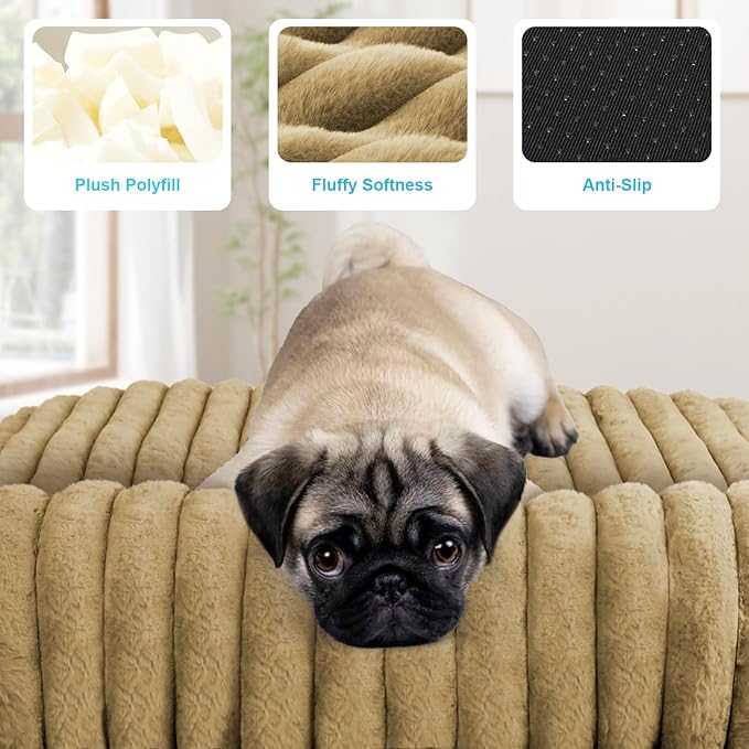 Comfort Dog Beds for Large Dogs,Dog Bed with Removable Washable Cover, Deluxe Plush Dogs Beds for Crate with Pillow, Anti-Slip Pet Mat Mattress for Kennel with Durable Zipper(Brown,L)