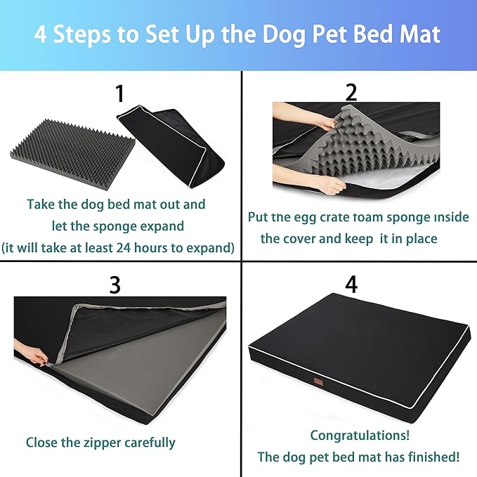 Dog Bed Mats for Large Dogs - Orthopedic Dog Pet Bed Thick Egg Foam Crate, Removable Washable Cover, Non-Slip Bottom Durable Dog Crate Bed Mat (Black, L(36''x27''x3''))