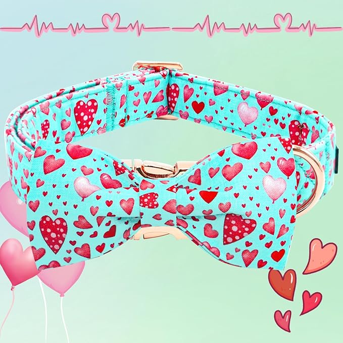 Elegant little tail Valentine's Dog Collar, Cute Pink Heart Pet Collars with Bow Soft Dog Collar Female or Male Adjustable Cotton Pet Collars for Small Medium Large Dogs