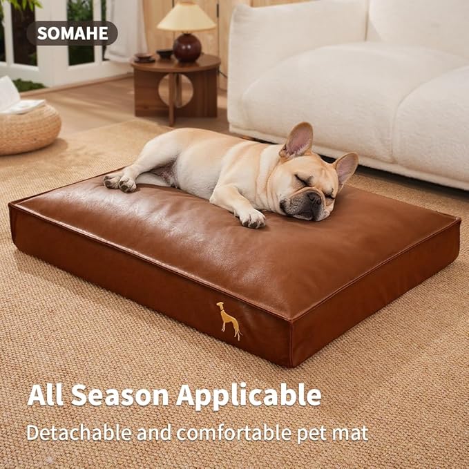 Dog Bed Medium Size Dog Orthopedic Beds for Small Dogs with Removable Washable PU Leather Cover Waterproof Brown 27.5×19.6×4inch