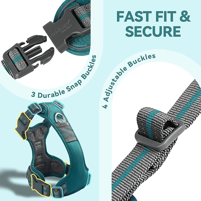 VIVAGLORY Dog Harness Easewalk No Pull Dog Harness with Handle Front Clip & Back Clip for Training Walking Lifting, No Pull Adjustable Easy On Padded Comfortable for Pet, M, Hunter Teal - Patterned