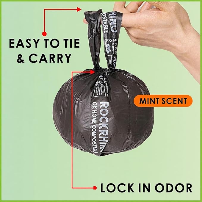 Ultra Thick RockRhino Dog Poop Bags - ECO Heavy Duty, Multi-Layer Bottom, 0% Plastic, 100% Home Compostable, Mint-Scented, Easy Open Tie Handles, Glove-Like Fit - 210 Bags