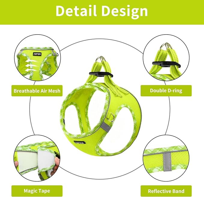 AMTOR Small Dog Harness with Leash Set, No Escape Easy Walk Puppy Harnesses for Training Walking, Step-in Reflective Soft Dogs Vest for XS S Medium Extra-Small Large Sized Dog(M Size,Green/White)