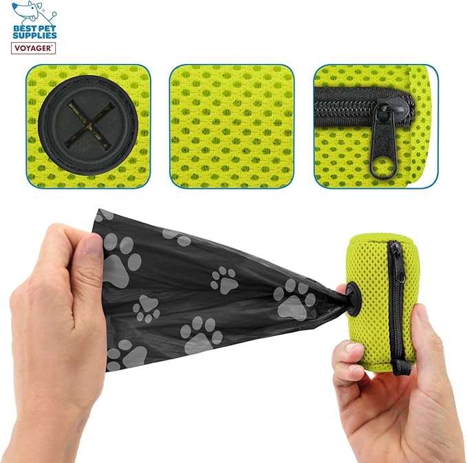 Best Pet Supplies Dog Poop Bag Holder Leash Attachment with 15 Bags, Lime Green, Reusable Mesh Dispenser Pouch for Travel, Walking, Park, and Outdoor Use, Soft and Durable with Clip-On