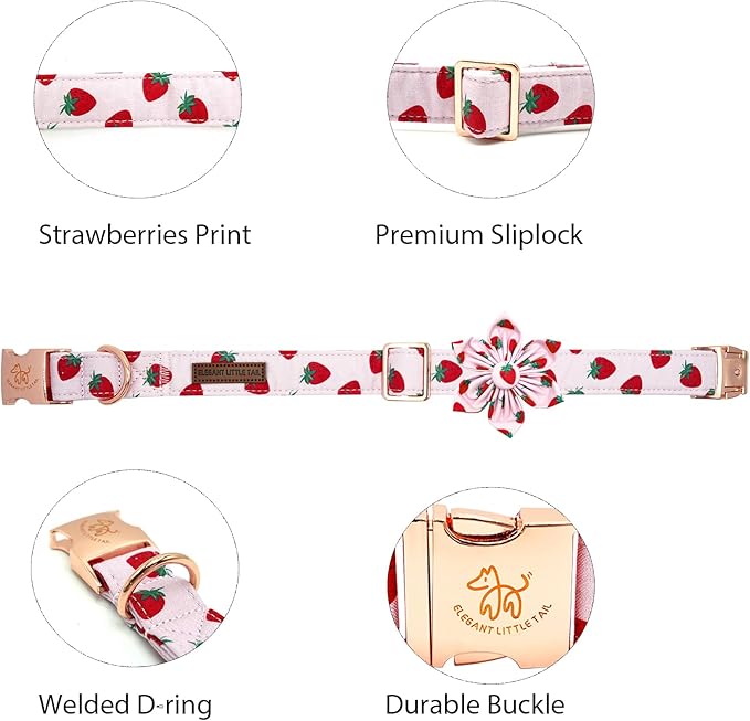 Elegant little tail Dog Collar with Flower, Strawberry Print Pet Collar Flower Pet Collars Summer Cute Adjustable Dog Collars for X-Small Dogs