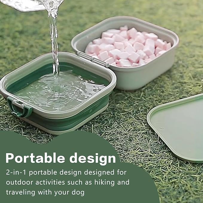 2-in-1 Collapsible Dog Bowl with Lid, BPA-Free Food Grade Material, Portable Travel Container, Green