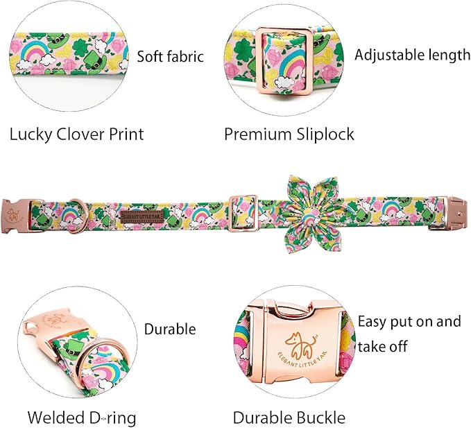 Elegant little tail St. Patrick's Dog Collar, Green Clover Dog Collars Cute Pet Gift Cute Puppy Flower Adjustable Pet Collars for X-Large Dogs