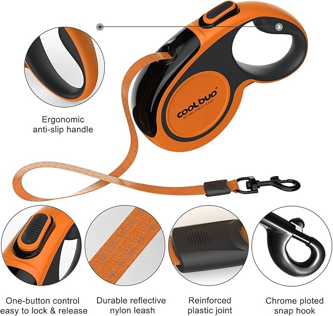 Retractable Dog Leash, 16ft Pet Walking Leash for Medium Dogs up to 66 lbs, One Button Break & Lock, Heavy Duty, Strong Nylon Tape, Tangle-Free (Orange, Medium)