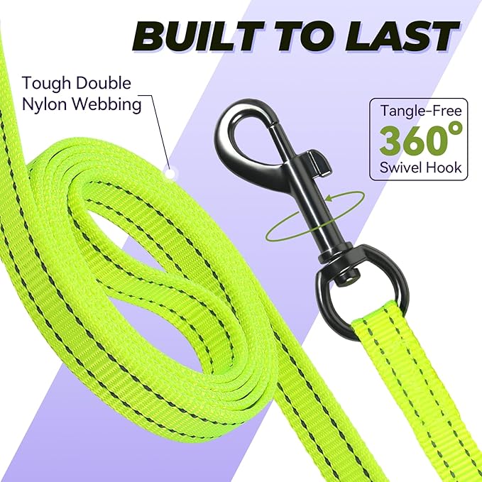 VIVAGLORY Twingrip Dog Leash, Double Handle Dog Leash for Training & Walking with Traffic Handle & 2 Loop, Traffic Control Reflective Heavy Duty for Puppy Pet, 5ft x 1/2in, Bright Yellow
