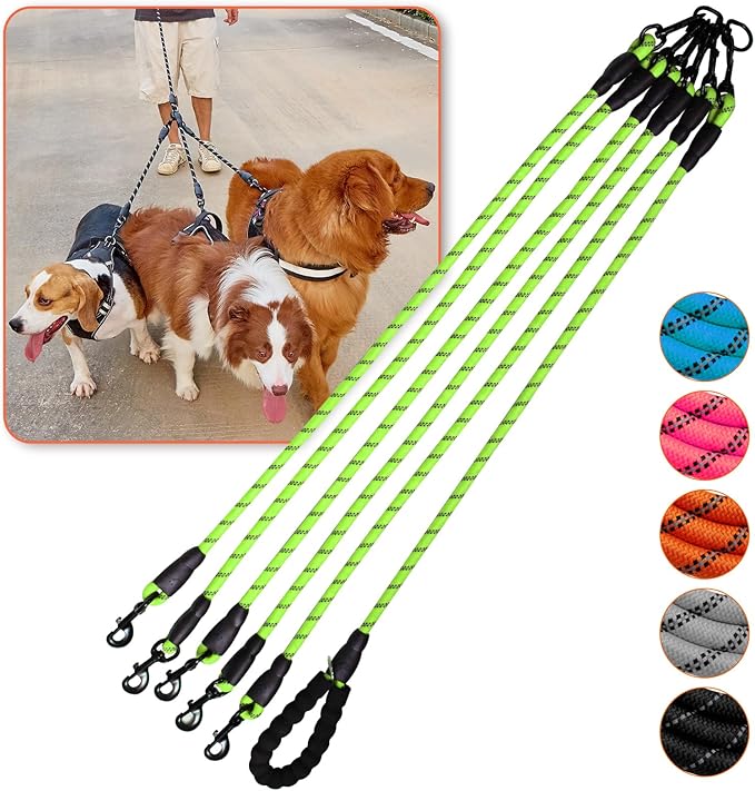 Five Dog Leash No Tangle Triple for 5 Dogs,360 Swivel No Tangle Walking Leash for 5 Dogs with Reflective for Large Medium Small Dogs (Green, 5 Way)