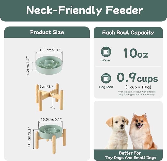 Ceramic 0.9 Cup Raised Dog Slow Feeder Set, Elevated Bowl with Wooden Stand for Small Dog and Cat, 6.1inch Puzzle Slow Dog Food Dish, Anti-Gulping(Light Green, Single Bowl+ Stand)