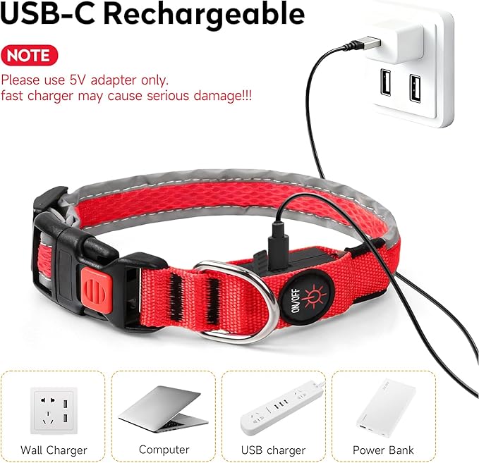 LED Dog Collar, Light Up Dog Collar USB Rechargeable, Nylon Adjustable Comfortable Soft Bright RGB 7 Colors Changeing Safety Light Glowing Collar for Small and Medium Dogs(Small,Red)