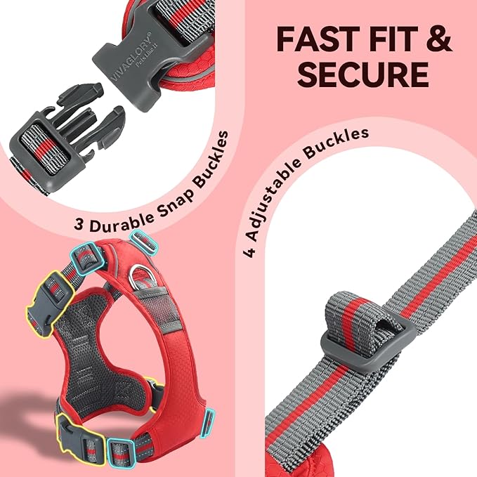 VIVAGLORY Dog Harness Easewalk No Pull Dog Harness with Handle Front Clip & Back Clip for Training Walking Lifting, No Pull Adjustable Easy On Padded Comfortable for Pet, XL, Red - Patterned