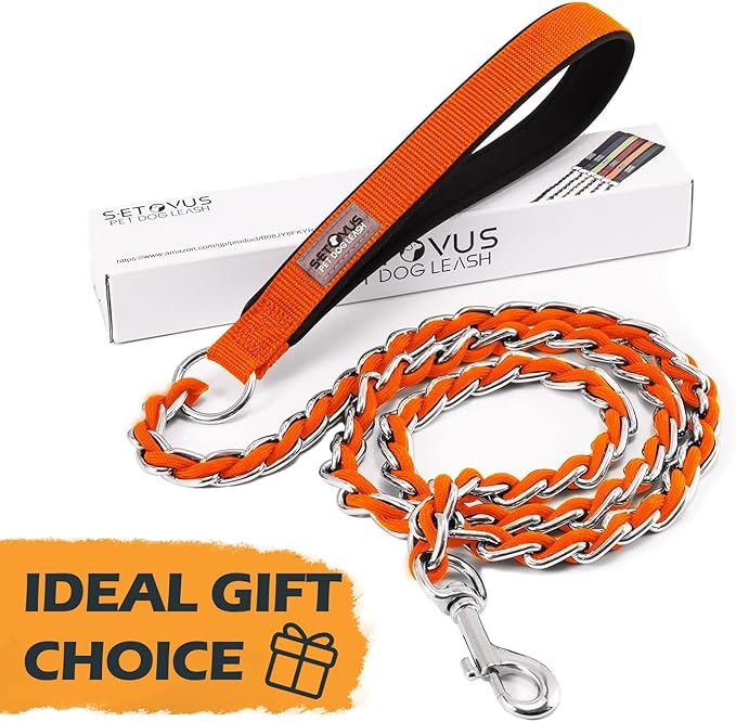 Chain Dog Leash Chew Proof Metal Leash for Medium Large Dogs, Chain Link Dog Anti Chew 5.2FT / 4FT Strong Anti Bite Comfortable Soft Padded Handle (Orange, 4FT(80-150lb))