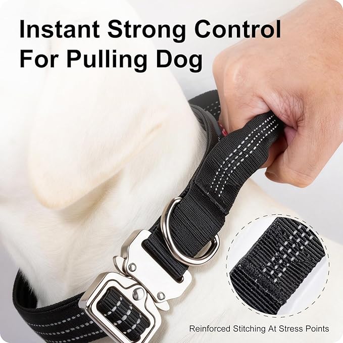 Tactical Dog Collar with Handle, Heavy Duty Nylon Collar With Quick-Release Metal Buckle, Reflective Design, Padded Comfortable Fit, Adjustable 17in-22in for Medium, Large Dogs(L, 1in, Black)