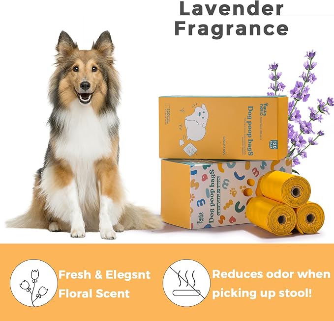 Dog Poop Bags Rolls Guaranteed Leak Proof and Extra thick Poop Bags for Dogs,120 Count 8 Rolls,Lavender Scented,Cornstarch Based Doggie Poop Bag for Puppy and Big Dogs