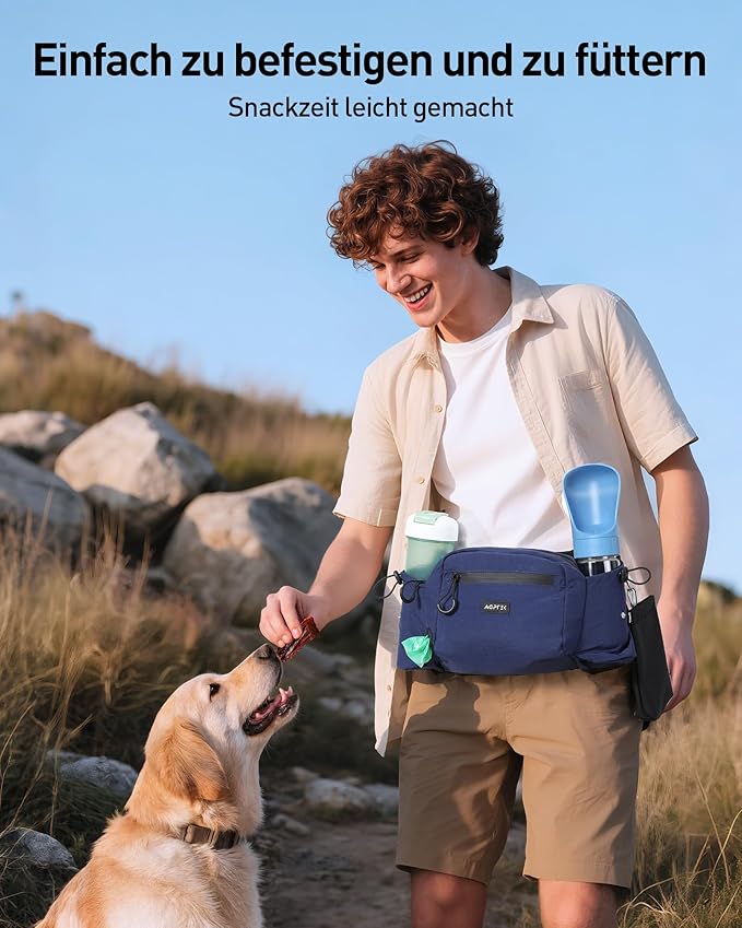 AGPTEK Dog Walking Fanny Pack, Large Capacity Dog Training Treat Pouch, Waist Bag with Removable Snack Pouch, Water Holder, Poop Bag Dispenser, Waterproof Zipper, Adjustable Strap, Dark Blue