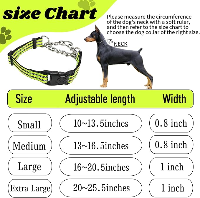Martingale Dog Collars, Reflective Nylon Collar with Stainless Steel Chain, Adjustable Walking Training Dog Collars with Quick Release Buckle, Suitable for Small Medium Large Dogs(Green,M)