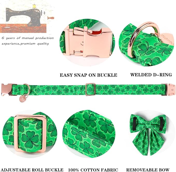 DOGWONG St. Patrick's Day Dog Collar-Cute Clovers Dog Collar with Bow, Cotton Trefoil Bowtie Dog Collars with Metal Buckle for Small Medium Large Dogs
