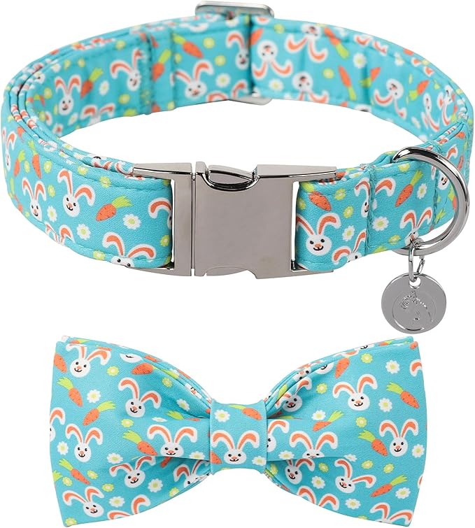 DOGWONG Easter Dog Collar Rabbit Dog Collar with Bow Adjustable Bowtie Blue Bunny Dog Collars for Small Medium Large Dogs